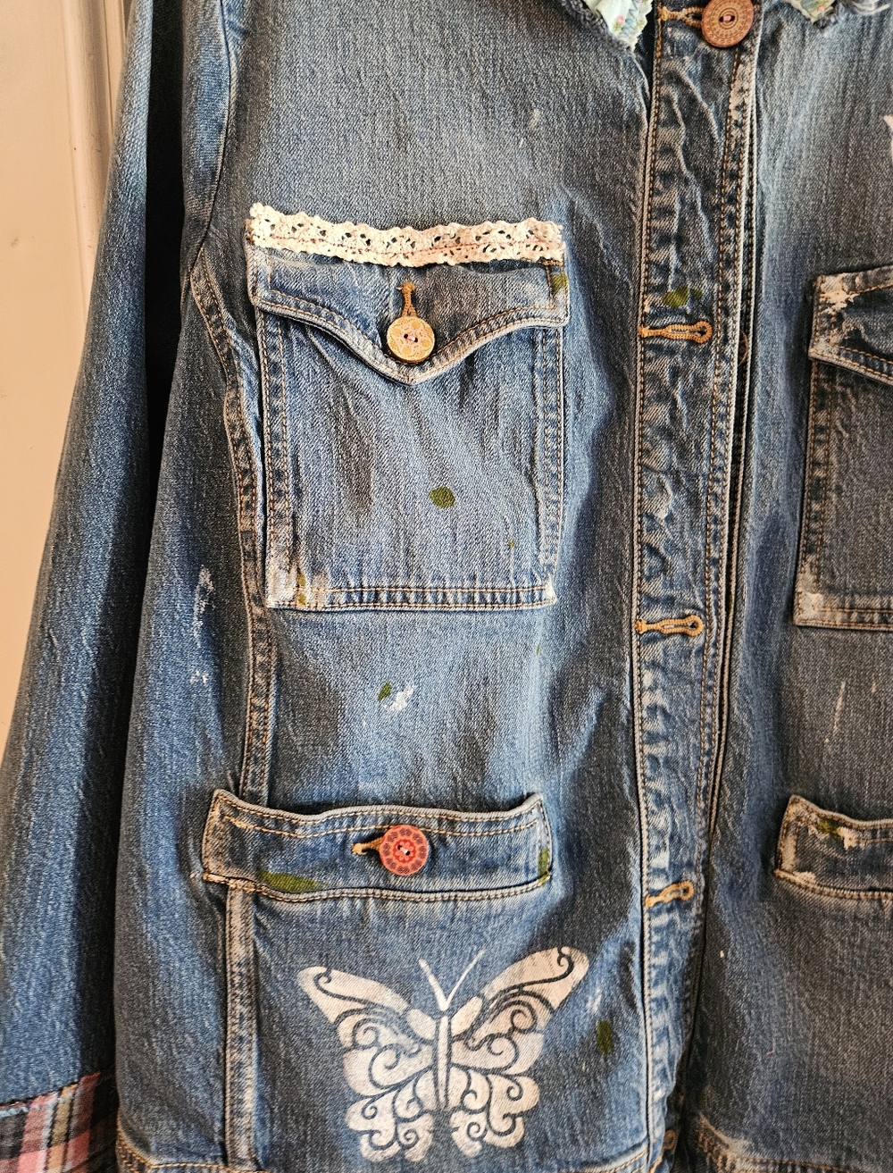 Upcycled Blue Denim Embellished Jacket with Butterfly & Bird Motifs - Picture 2 of 8